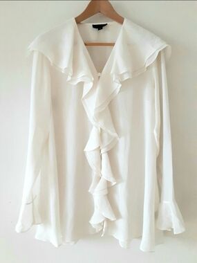 THEME Translucent Drapping Flowy Blouse, Shell Buttons, Women Sz M